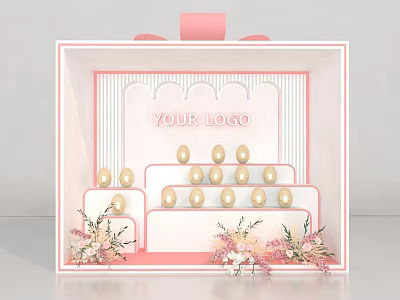 Pink Frame Display Stand With Your Logo Golden Objects And Floral Decorations 3d model