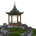 Traditional Chinese Pavilion With Black Tiled Roof Wooden Structure Stone Steps And Rocky Green Grass
