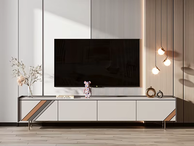 Modern TV Stand In Living Room With Flat Screen TV Vase Decorations And Hanging Lights 3d model