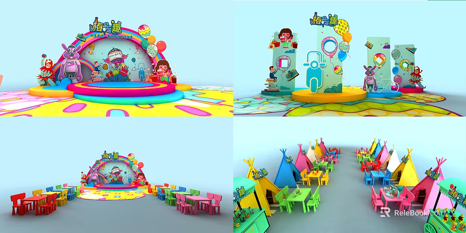 Colorful Children's Activity Space With Stage Tents Tables Chairs And Cartoon Decorations 3d model 