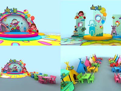 Colorful Children's Activity Space With Stage Tents Tables Chairs And Cartoon Decorations 3d model