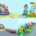 Colorful Children's Activity Space With Stage Tents Tables Chairs And Cartoon Decorations
