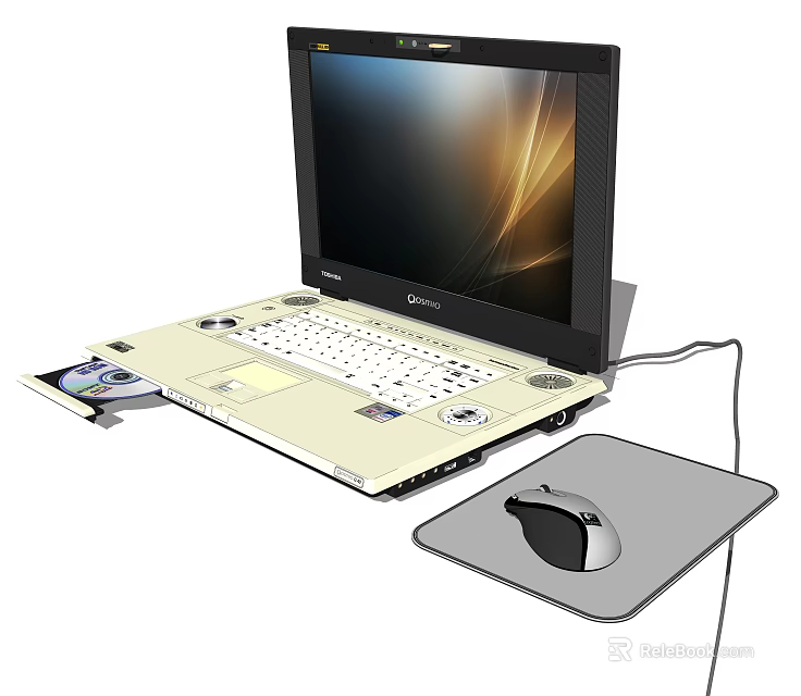 Beige Laptop With Open Disc Tray Mouse And Mouse Pad Setup 3d model