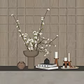 Elegant Decorative Ornament Combination With Wooden Grid Background White Flowering Branches Vase Candles And Books
