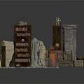 Vintage Scene Components With Wooden Shelves Stone Fireplace Cabinets Small Table Stool And Decorative Rug