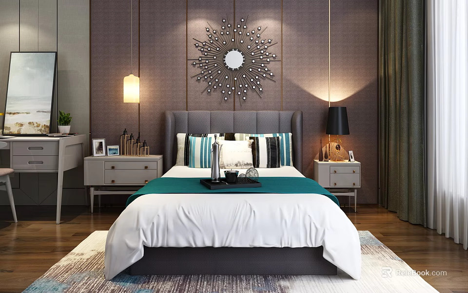 Background Double Bed with Dark Wall Sunburst Mirror Nightstands Lamps Green Bed Runner Colorful Pillows 3d model 