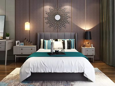 Background Double Bed with Dark Wall Sunburst Mirror Nightstands Lamps Green Bed Runner Colorful Pillows 3d model