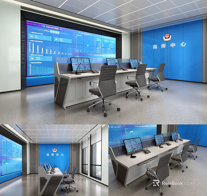 Modern Monitoring Room Command Center Interior With Computers Large Screens And Office Equipment 3d model 