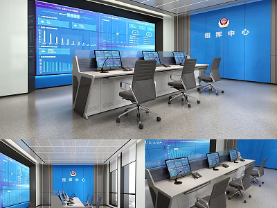 Modern Monitoring Room Command Center Interior With Computers Large Screens And Office Equipment 3d model