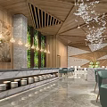 Elegant Restaurant Interior With Wooden Ceiling Hanging Lights Marble Floor Green Chairs And Plant Wall