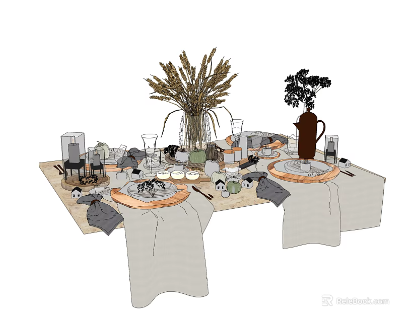 Elegant Tableware Set On Dining Table With Linen Tablecloth And Decorative Plants 3d model