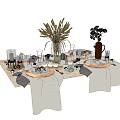 Elegant Tableware Set On Dining Table With Linen Tablecloth And Decorative Plants 3d model