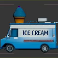 Blue And White Ice Cream Truck With Large Cone On Top And Ice Cream Lettering