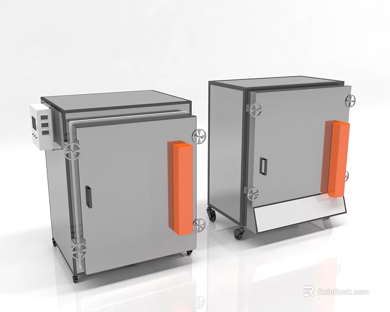 Industrial Equipment Dual Metal Enclosed Cabinets with Mobile Wheels Control Panel and Orange Handles 3d model 