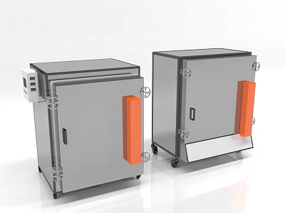Industrial Equipment Dual Metal Enclosed Cabinets with Mobile Wheels Control Panel and Orange Handles 3d model