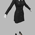 Black Double Breasted Dress with White Collar Cuffs Gold Buttons and Black High Heels
