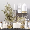 Perfume And Cosmetics Display With Glass Bottles Green Plant And Luxury Shelf