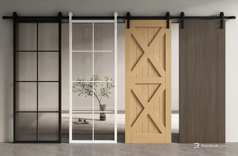 Barn Door Designs Featuring Wooden Glass Grid and X Shaped Styles for Interior Spaces 3d model 