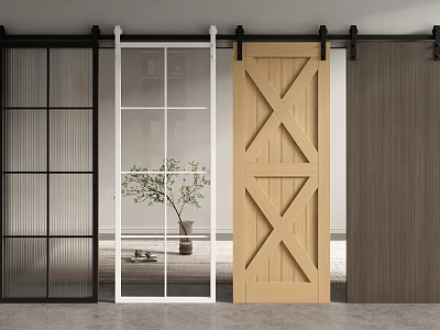Barn Door Designs Featuring Wooden Glass Grid and X Shaped Styles for Interior Spaces 3d model