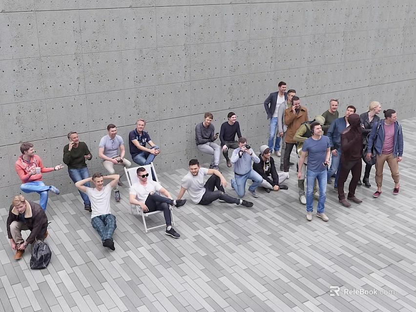 Group of People Sitting and Standing in Modern Space with Gray Wall and Tiled Floor 3d model 