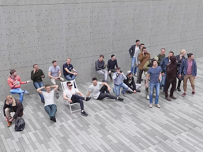 Group of People Sitting and Standing in Modern Space with Gray Wall and Tiled Floor 3d model