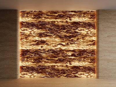 Elegant Golden Feature Wall With Wavy Marble Texture And Illuminated Backlighting Against Neutral Side Panels 3d model