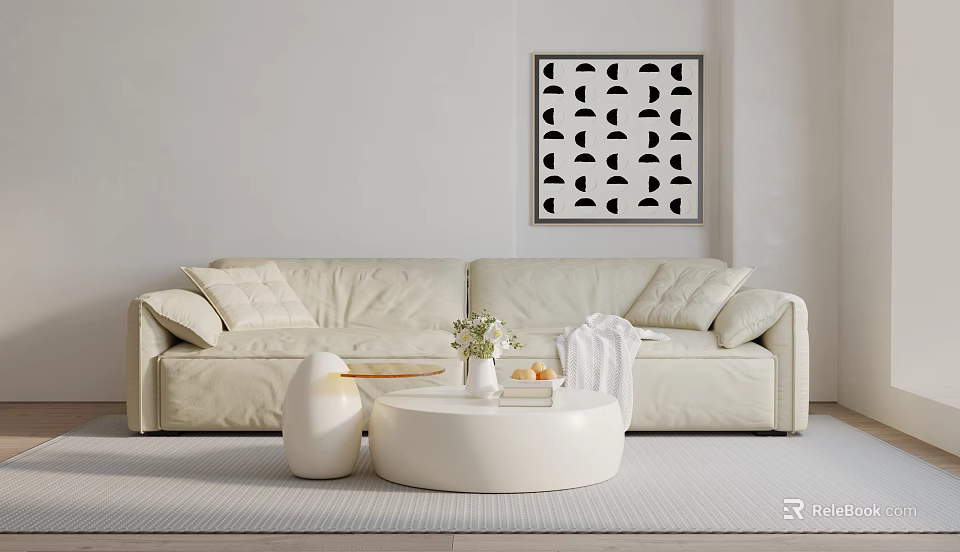 Modern Minimalist Living Room Interior With White Sofa Geometric Art And Round Coffee Table 3d model 