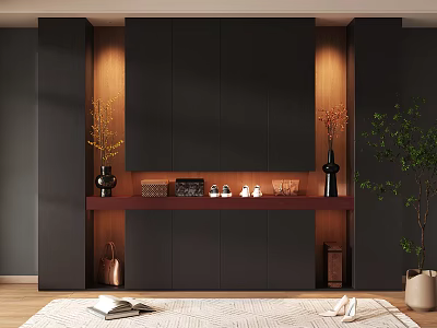 Modern Minimalist Dark Shoe Cabinet With Wooden Countertop Vase Decorations Green Plant And Wooden Floor 3d model