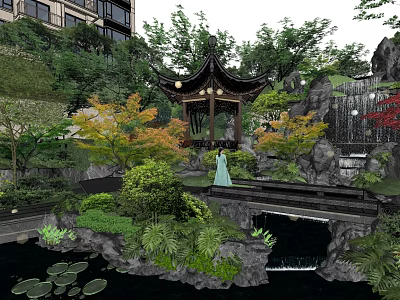Scenic Residential Landscape With Traditional Pavilion Lush Greenery And Water Features 3d model