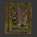 Cartoon Scene Featuring Dilapidated Wooden House with Multiple Floors Broken Roof Graffiti and Moss