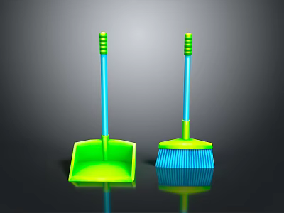 Green Dustpan and Blue Brush with Yellow Top Handles for Home Cleaning Tools 3d model