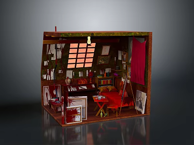 Detailed Miniature Room Model With Grid Window Bookshelf Red Curtain And Furniture 3d model