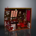 Detailed Miniature Room Model With Grid Window Bookshelf Red Curtain And Furniture