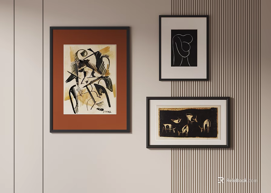 Three Framed Abstract Art Paintings Hanging On Interior Wall Decor Elements 3d model 