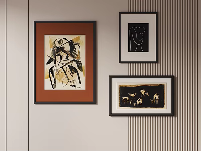 Three Framed Abstract Art Paintings Hanging On Interior Wall Decor Elements 3d model