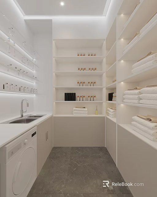Modern White Minimalist Laundry Room With Sink Washing Machine Shelves Holding Towels And Bottles 3d model 