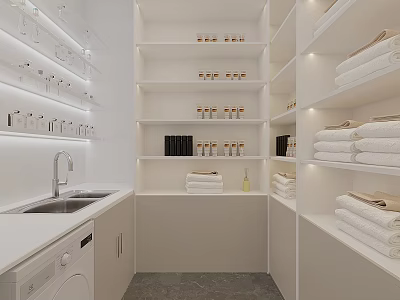 Modern White Minimalist Laundry Room With Sink Washing Machine Shelves Holding Towels And Bottles 3d model