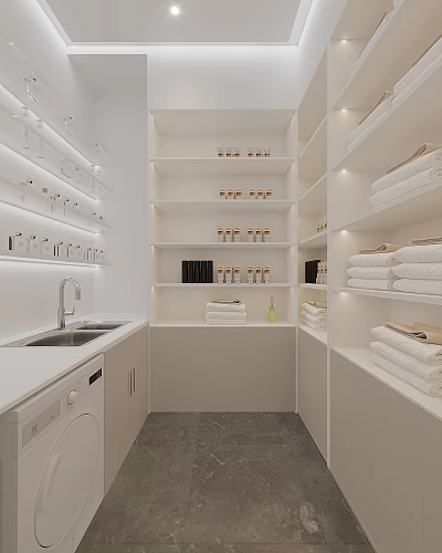Modern White Minimalist Laundry Room With Sink Washing Machine Shelves Holding Towels And Bottles 3d model