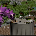 Patio Garden With Purple Orchids Table Chairs Tea Cup Hat Lush Lawn And Green Hedges