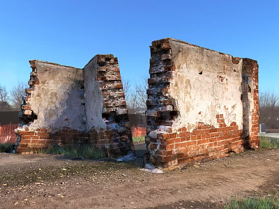 Old Building Exterior Wall With Peeling White Plaster And Exposed Red Bricks Against Blue Sky 3d model