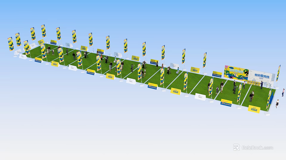 Sports Field With Green Turf Yellow Flags And Spectators On Event Day 3d model 