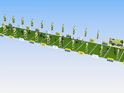 Sports Field With Green Turf Yellow Flags And Spectators On Event Day 3d model