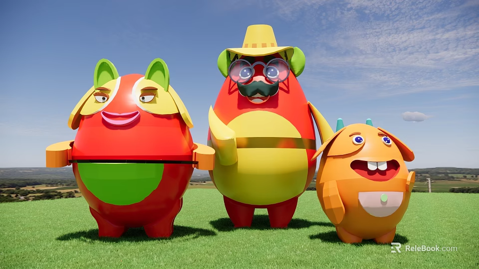 Game And Movie Characters Colorful Playful Cartoon Figures Standing On Green Grassland Under Blue Sky 3d model 