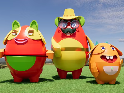Game And Movie Characters Colorful Playful Cartoon Figures Standing On Green Grassland Under Blue Sky 3d model