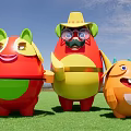 Game And Movie Characters Colorful Playful Cartoon Figures Standing On Green Grassland Under Blue Sky