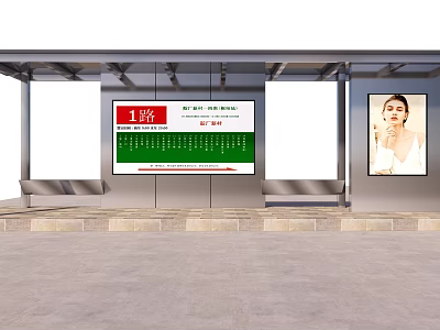 Bus Stop With Route Information Display Screen And Person Image Billboard 3d model