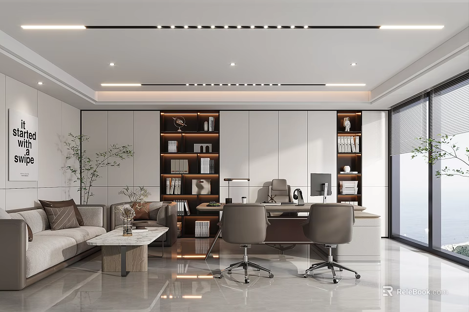 Modern Office Interior Design With Sofa Coffee Table Bookshelves Desk Chairs And Plant 3d model 