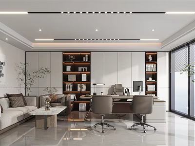 Modern Office Interior Design With Sofa Coffee Table Bookshelves Desk Chairs And Plant 3d model