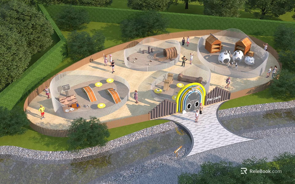 Colorful Outdoor Children Playground With Rainbow Arch Entrance And Wooden Play Structures 3d model 