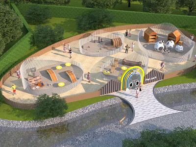 Colorful Outdoor Children Playground With Rainbow Arch Entrance And Wooden Play Structures 3d model